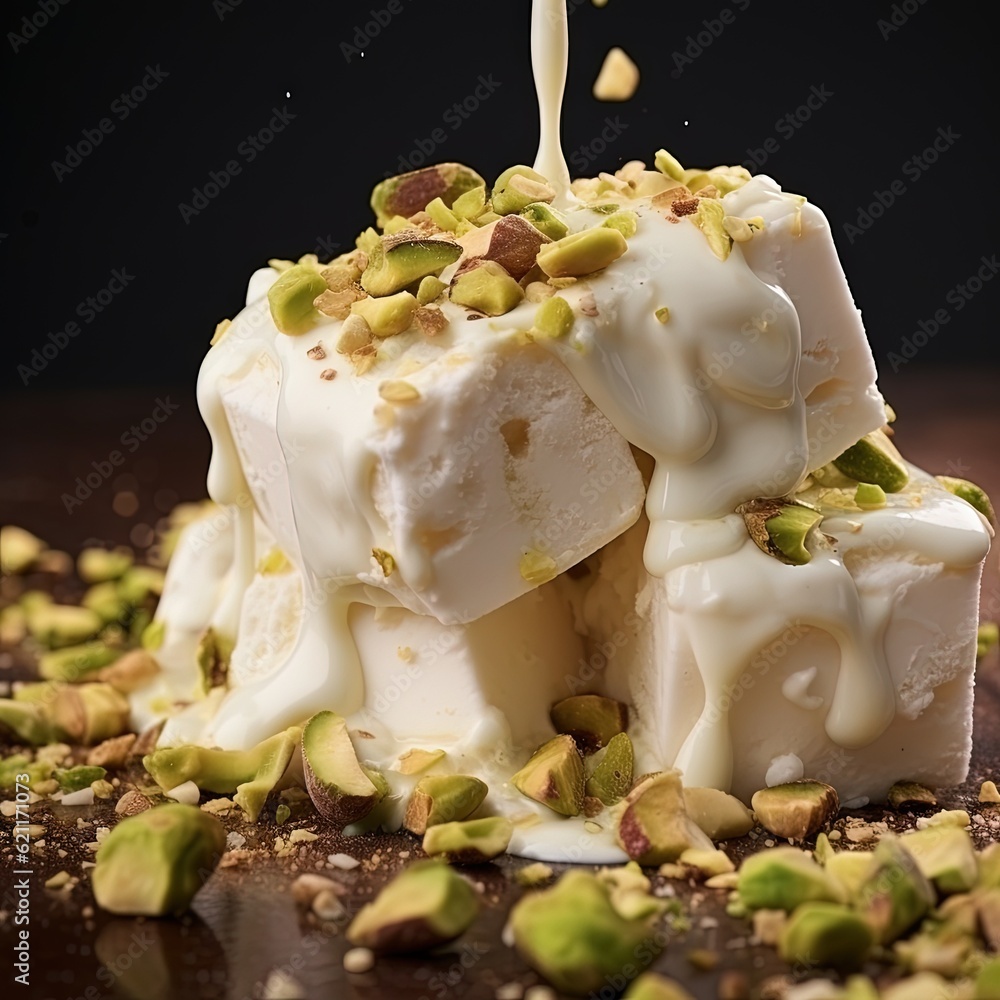 Poster a dessert with nuts and cream on top of a table. generative ai