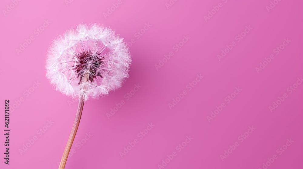 Poster a dandelion on a pink background with copy space. generative ai