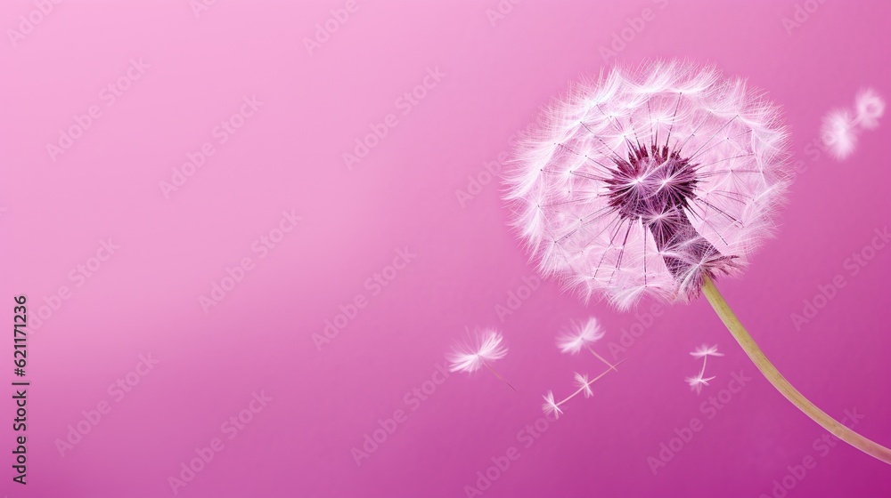 Poster a dandelion blowing in the wind on a pink background. generative ai