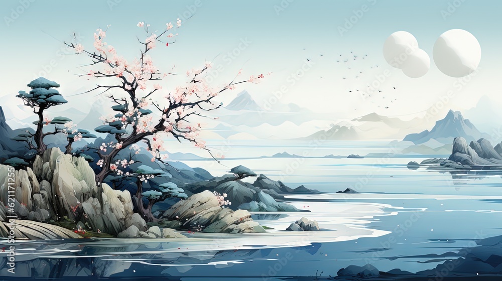 Poster a painting of a landscape with rocks and trees in the foreground. generative ai