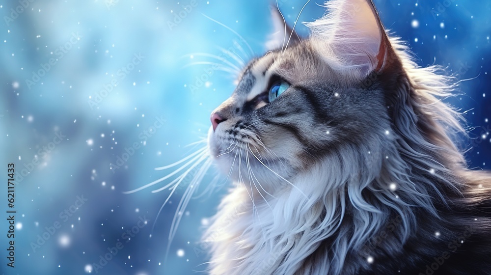 Poster a close up of a cat with snow falling on it. generative ai