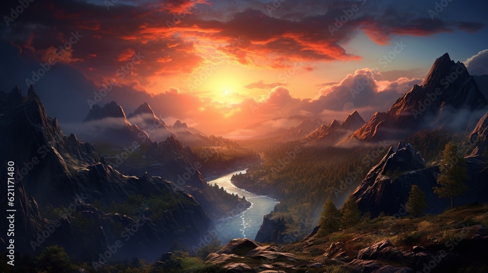 Poster a painting of a sunset over a mountain range with a river running through it. generative ai