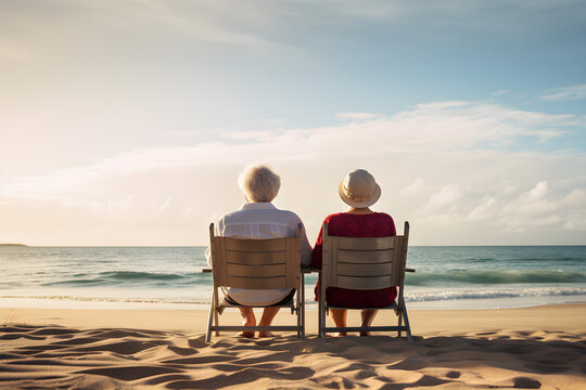 retired couple sitting on a beach
