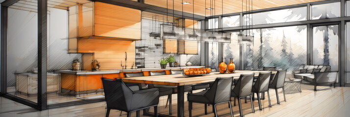 architectural sketch of long kitchen table in orange and black, drawing made with generative ai