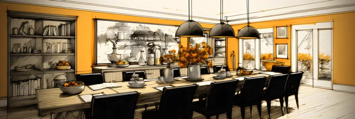 Deurstickers architectural sketch of long interior table in orange and black, drawing made with generative ai © Ricky
