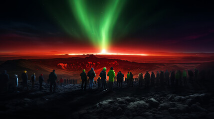 Obraz na płótnie Canvas Summit of Spectacles: Einar Hákonarson's Flamboyant Vision of Aurora, Lava, and Crowded Mountain Peaks