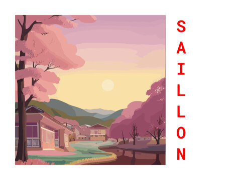 Saillon: Vintage artistic travel poster with a Swiss scenic panorama and the title Saillon