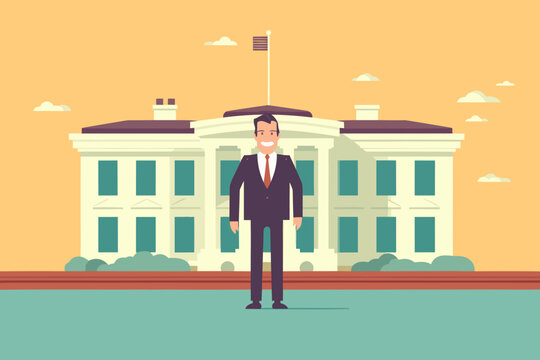 Hand-drawn Cartoon Politician At White House Flat Art Illustrations In Minimalist Vector Style