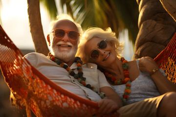 retired couple relaxing on a beach hammock