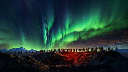 Fototapeta na wymiar Summit of Spectacles: Einar Hákonarson's Flamboyant Vision of Aurora, Lava, and Crowded Mountain Peaks