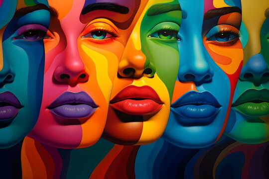 colorful painted diverse female faces, painting made with generative ai