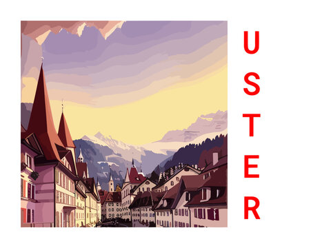 Uster: Vintage artistic travel poster with a Swiss scenic panorama and the title Uster