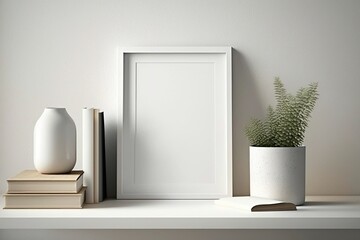 white frame and potted plant sitting on a shelf. Generative AI