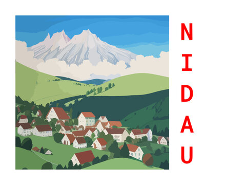 Nidau: Vintage artistic travel poster with a Swiss scenic panorama and the title Nidau