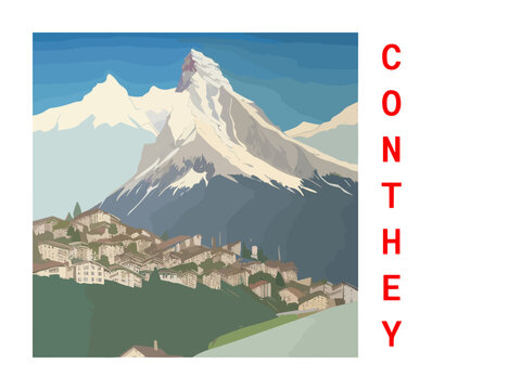 Conthey: Vintage artistic travel poster with a Swiss scenic panorama and the title Conthey