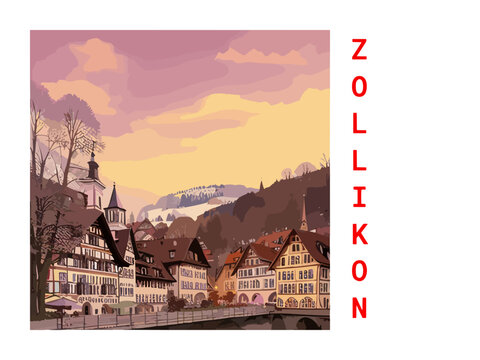Zollikon: Vintage artistic travel poster with a Swiss scenic panorama and the title Zollikon