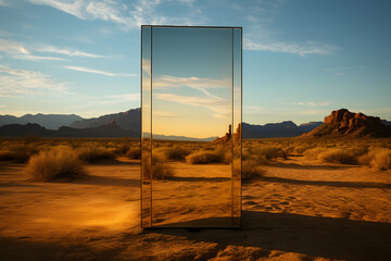 A mirror in the desert blue sky clouds reflection landscape 