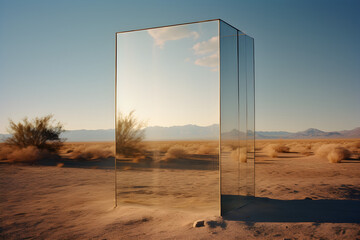 A mirror in the desert blue sky clouds reflection landscape 