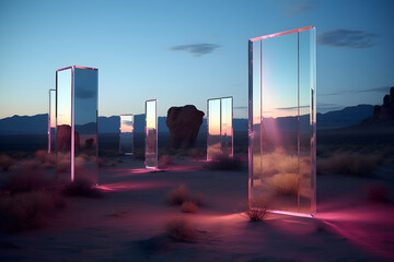 mirrors in the desert dark night sky reflection landscape neon light - obrazy, fototapety, plakaty