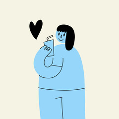 Woman with beverage. Modern colorful minimal character, cappuccino in takeaway glass, tea or water. Warm beverage lover contemporary card or poster, social media banner vector cartoon illustration
