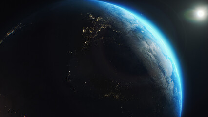Illustration 3D motion graphics of Earth globe rotating in outer space. View of the night cities lights from space. Day-night transition. Discovery and exploration concept.