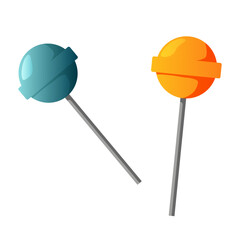 Orange  and blue chupa chups. Glossy lollipop sweet candy, colorful illustration on white background. Vector illustration
