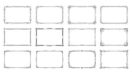 Set Abstract Black Collection Simple Line Rectangular Frame Doodle Outline Element Vector Design Style Sketch Isolated Illustration For Wedding And Banner
