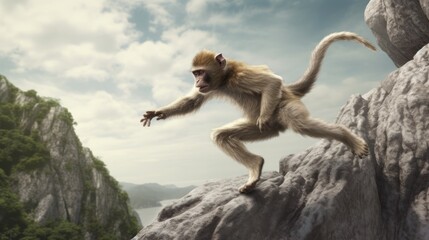 a long macaque sitting on a rock - obrazy, fototapety, plakaty