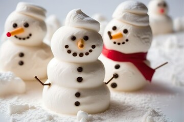 group of snowmen standing together in a snowy landscape. Generative AI