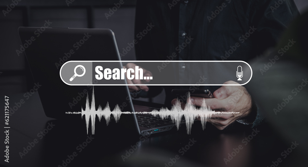 Poster hand using laptop and press screen to search browsing on the internet online.