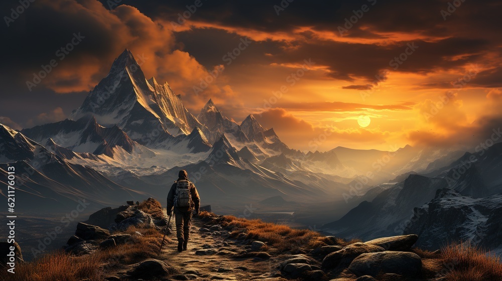 Aufkleber a man is walking down a path towards a mountain range. generative ai