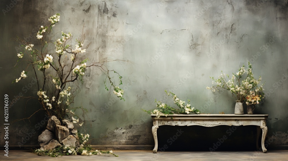 Poster a table with a vase of flowers on it next to a wall. generative ai