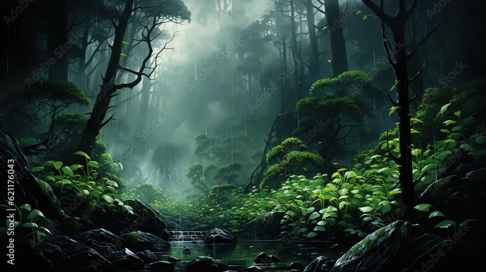 Poster a painting of a forest with a stream running through it. generative ai