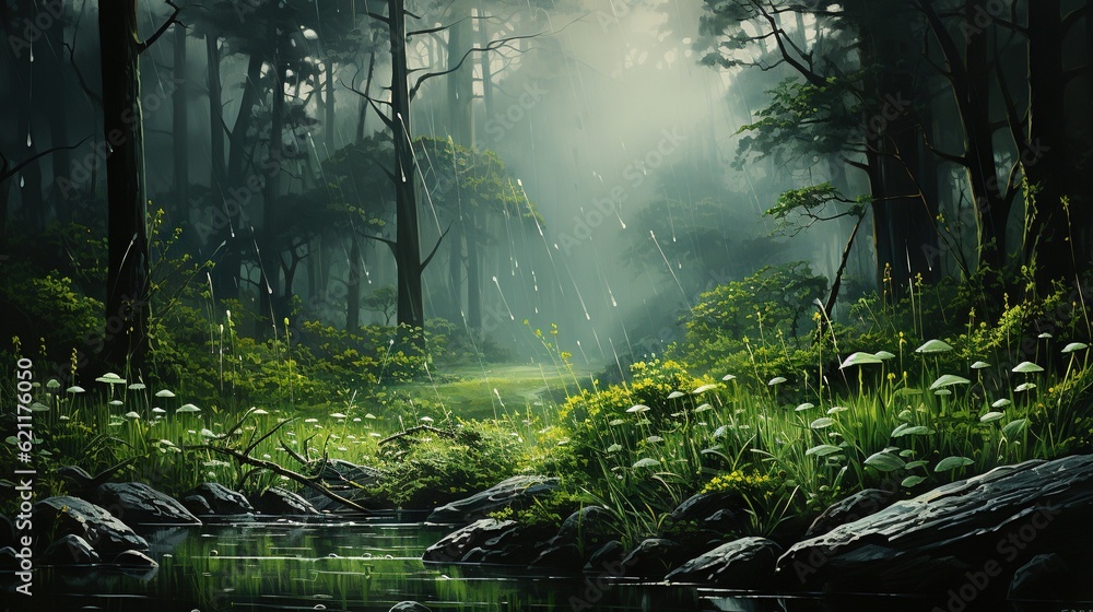 Poster a painting of a forest with a stream running through it. generative ai