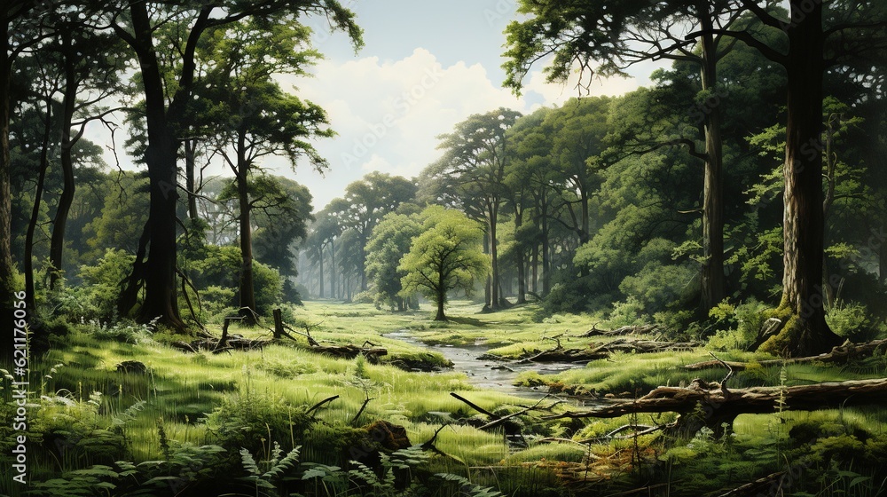 Poster a painting of a forest with a stream running through it. generative ai