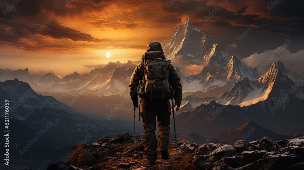 Poster a man standing on top of a mountain with a backpack. generative ai