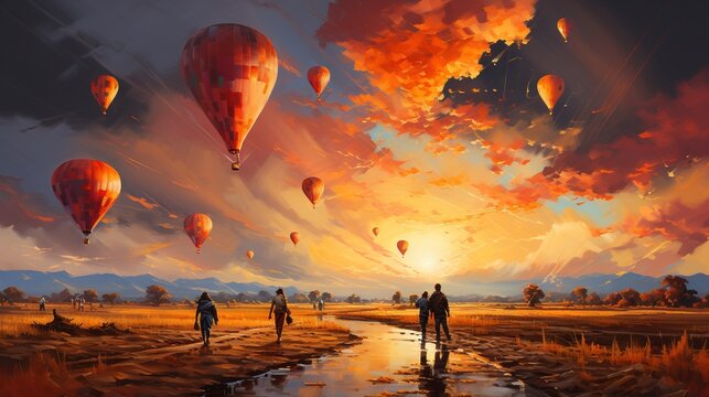  A Painting Of A Group Of People Watching Hot Air Balloons In The Sky.  Generative Ai