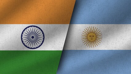 Argentina and India Realistic Two Flags Together, 3D Illustration