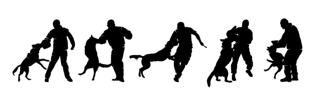 Trained aggressive dog  silhouette vector set