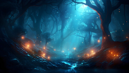 Fototapeta na wymiar glowing blue fairy forest night landscape with fireflies