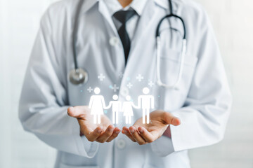 Doctor with healthcare icons, concept of health insurance, access to welfare family.