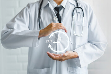 Doctor and 24-7 service  for assistance patient accident or emergency, Medical call center service without interruption concept.