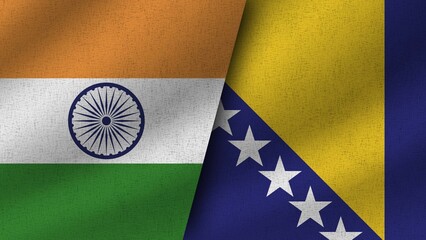 Bosnia and Herzegovina and India Realistic Two Flags Together, 3D Illustration