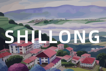 Beautiful watercolor painting of an Indian scene with the name Shillong in Meghālaya