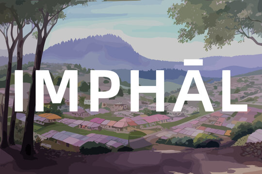 Beautiful watercolor painting of an Indian scene with the name Imphāl in Manipur