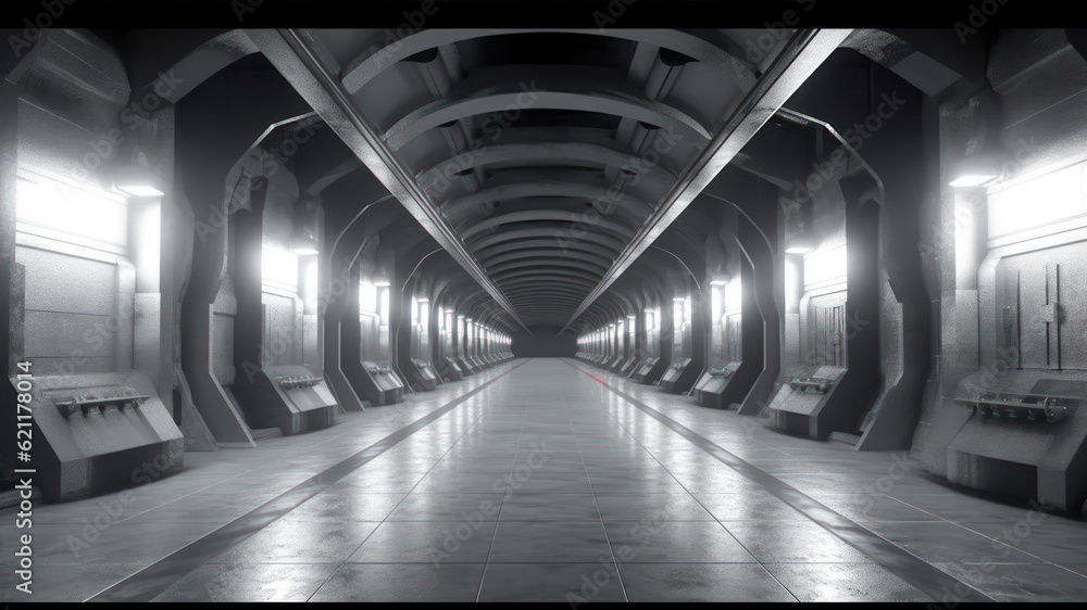 Poster futuristic corridor in a dark room. 3d rendering. generative ai