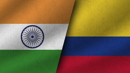 Colombia and India Realistic Two Flags Together, 3D Illustration