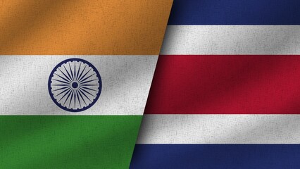 Costa Rica and India Realistic Two Flags Together, 3D Illustration