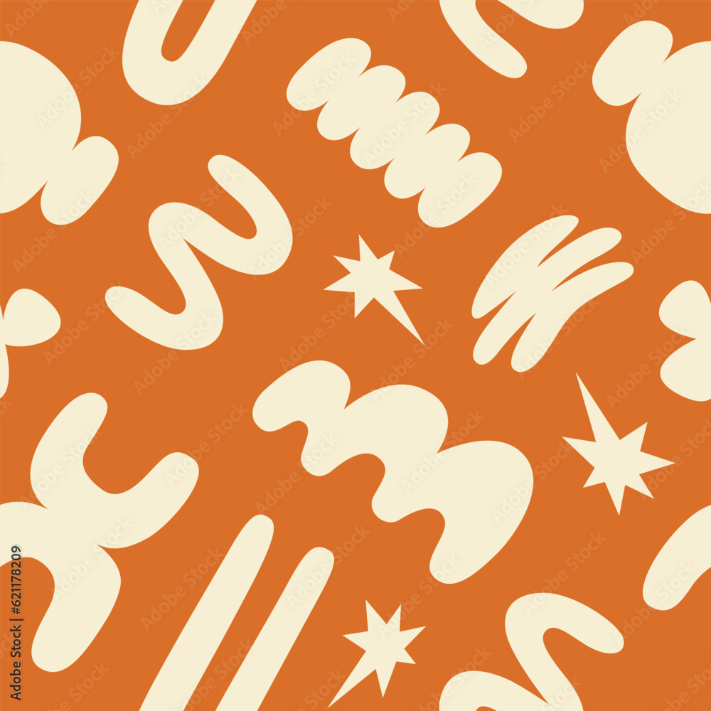 Poster abstract seamless pattern with beige organic cartoon shapes on a orange background. trendy random sh