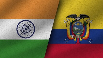 Ecuador and India Realistic Two Flags Together, 3D Illustration